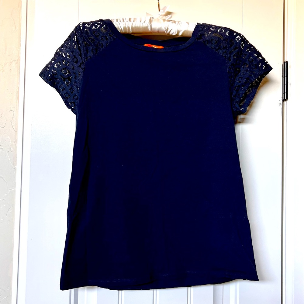 Joe Fresh navy blue dressy tee top with lace sleeves
